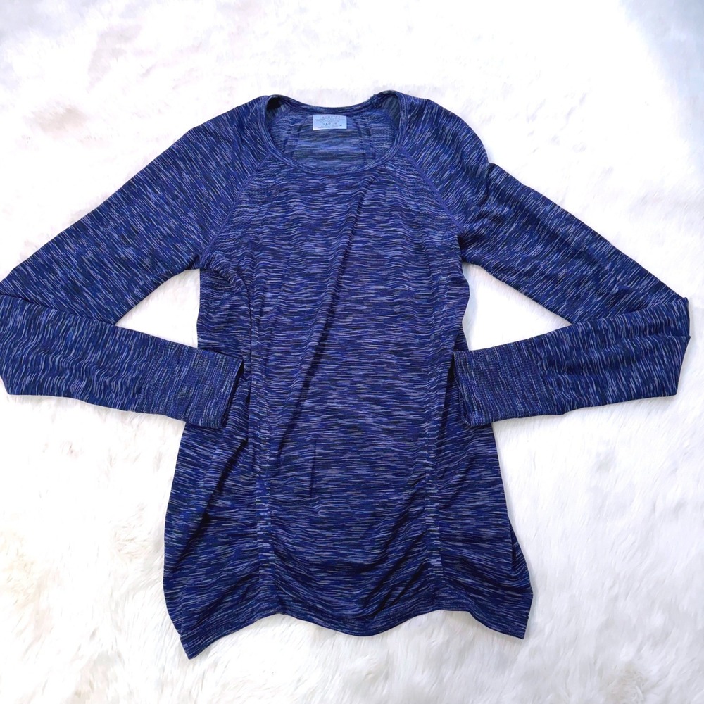 Athleta Long Sleeve Top Womens‎ Medium Blue Space Dye Ruched Seamless Athleisure